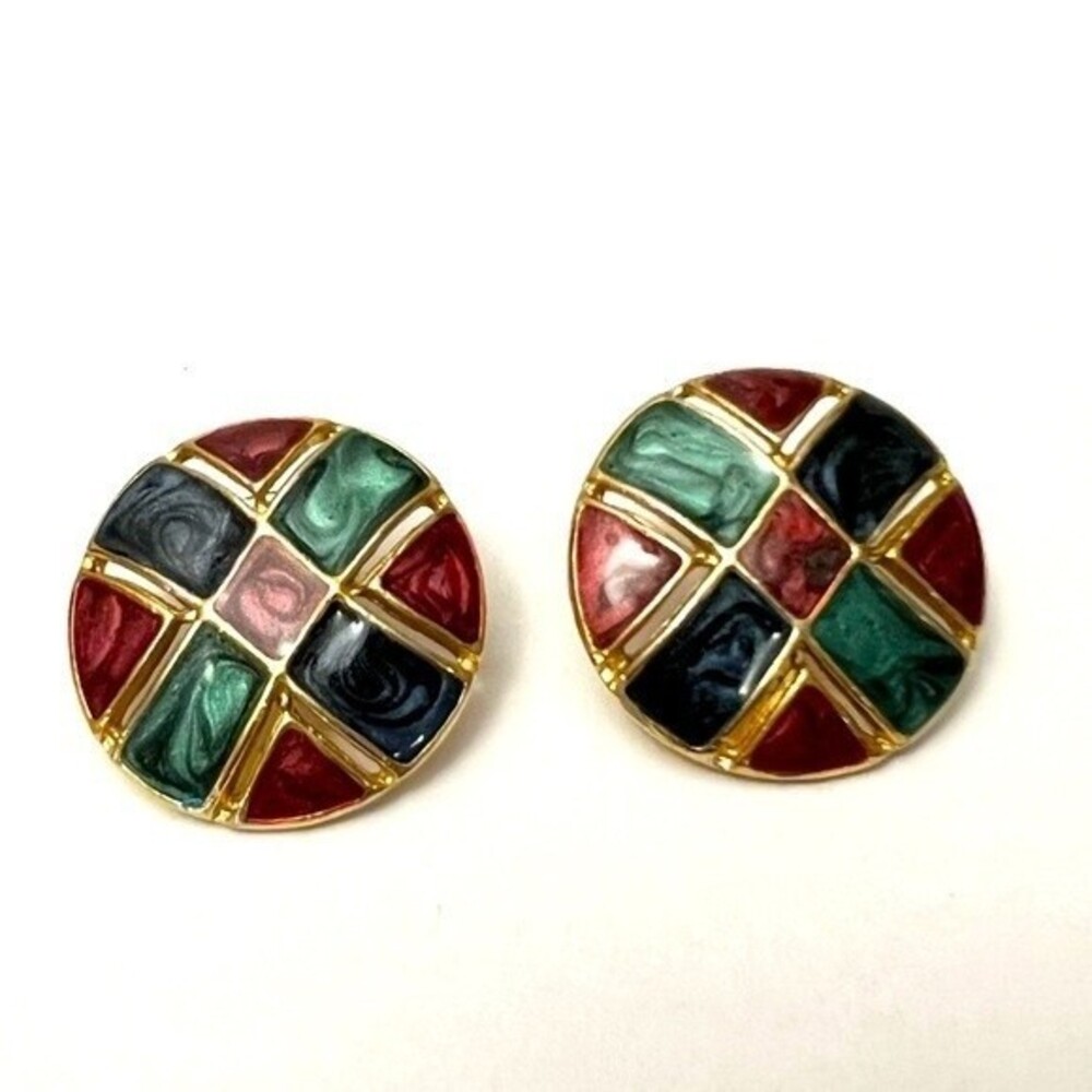 Vintage Button Earrings Oversized Jewel Tone Colorful Woven Pattern Studs
